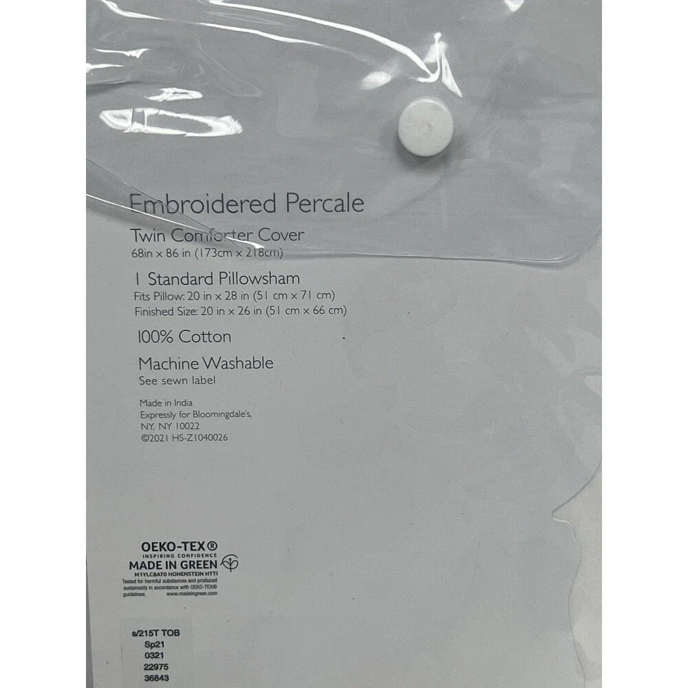 Sky Embroidered Percale Collection Twin Duvet Cover & 2 Sham Set White/Gray New